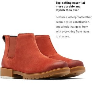 NWT Sorel Emelie II Chelsea Boot Waterproof Leather Rain Boot, Warp Red/Gum